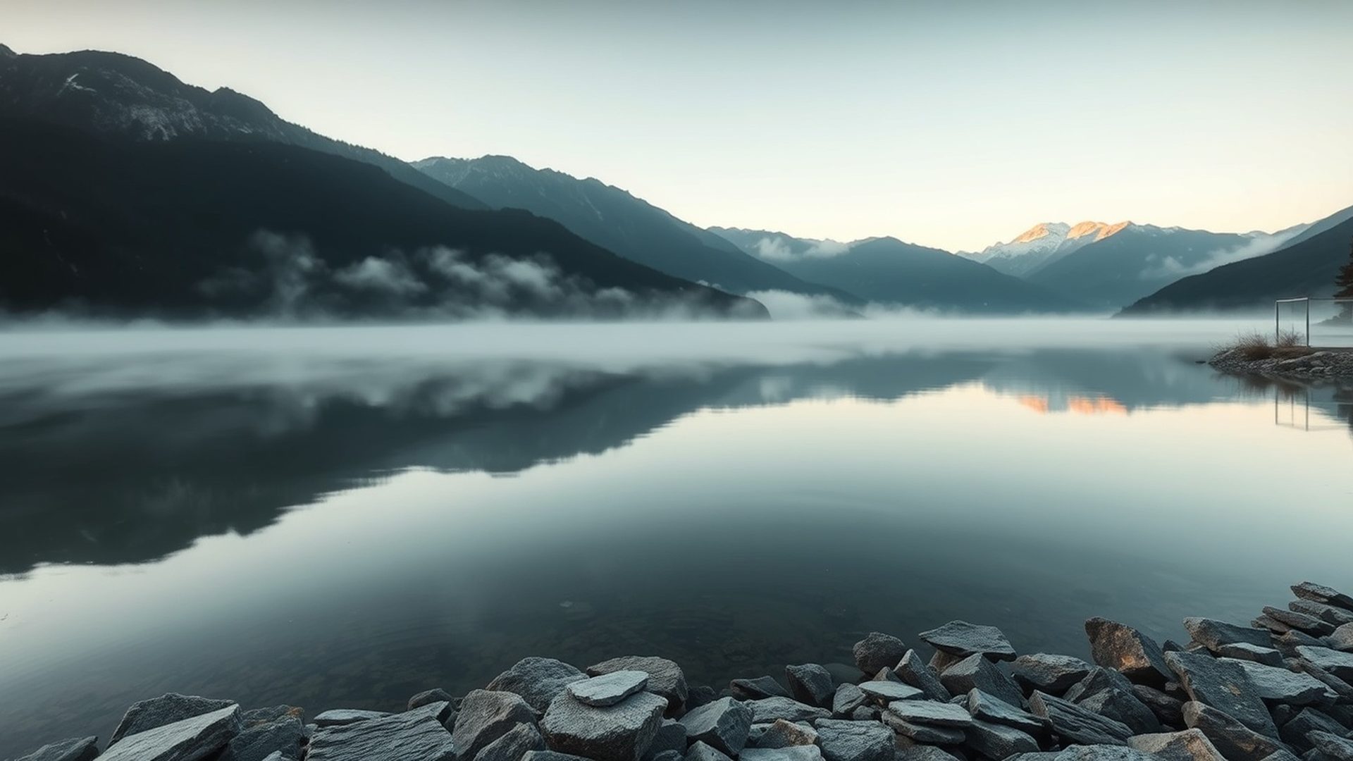 Mirno alpsko jezero ob zori v charcoal-gold tonih